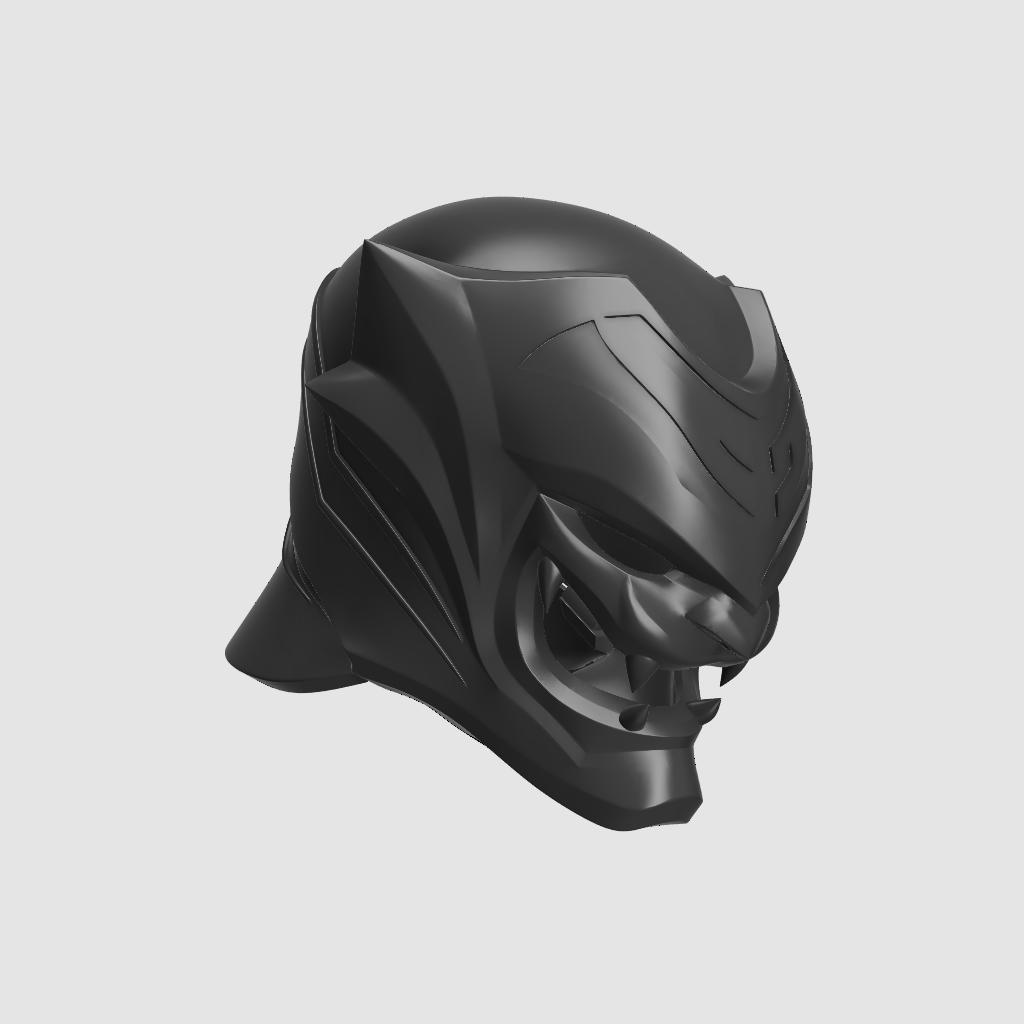Black helmet with a futuristic design on a light gray background