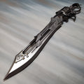 Decorative knife with intricate designs on a gray background