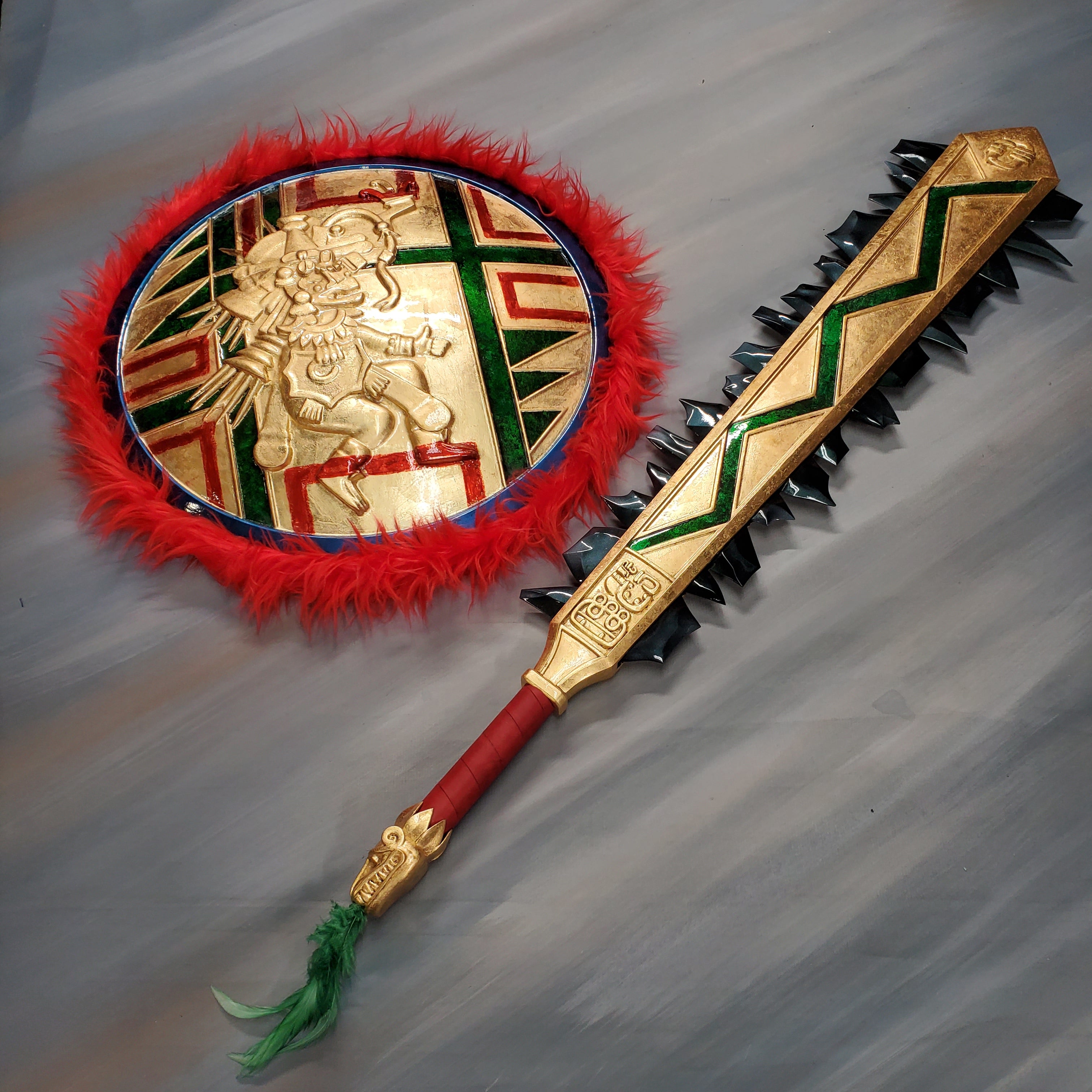 Handmade Aztec sword and shield with gold leaf finish