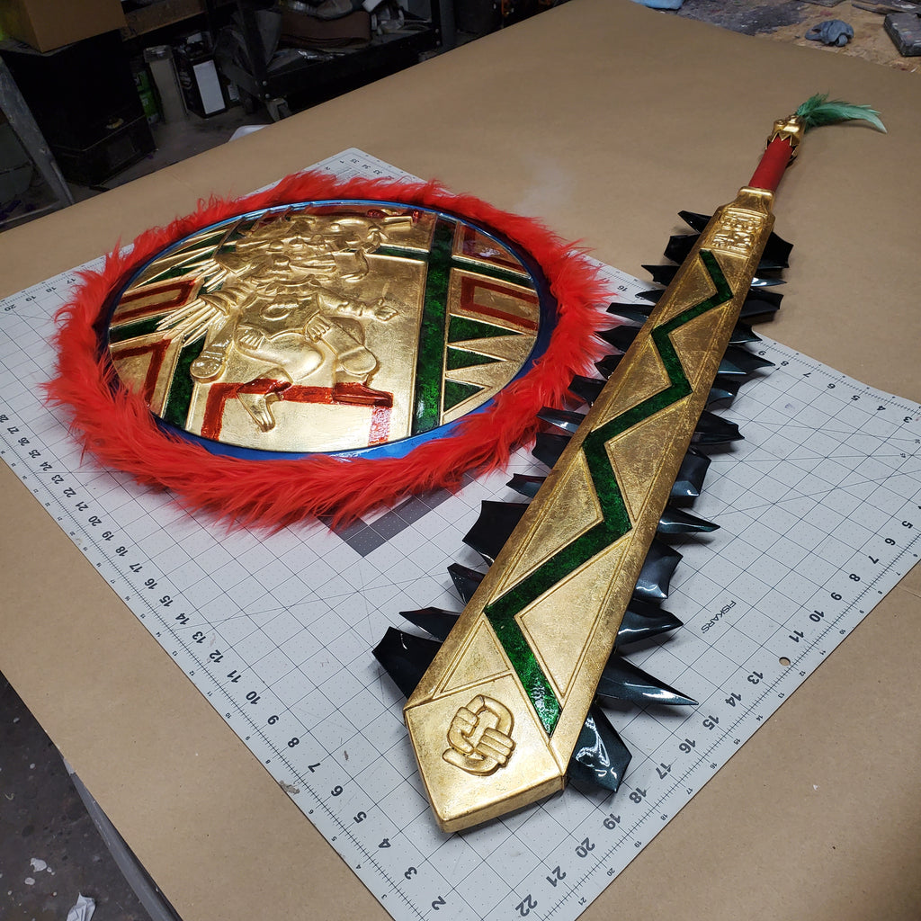 Handmade Aztec sword and shield with gold leaf finish