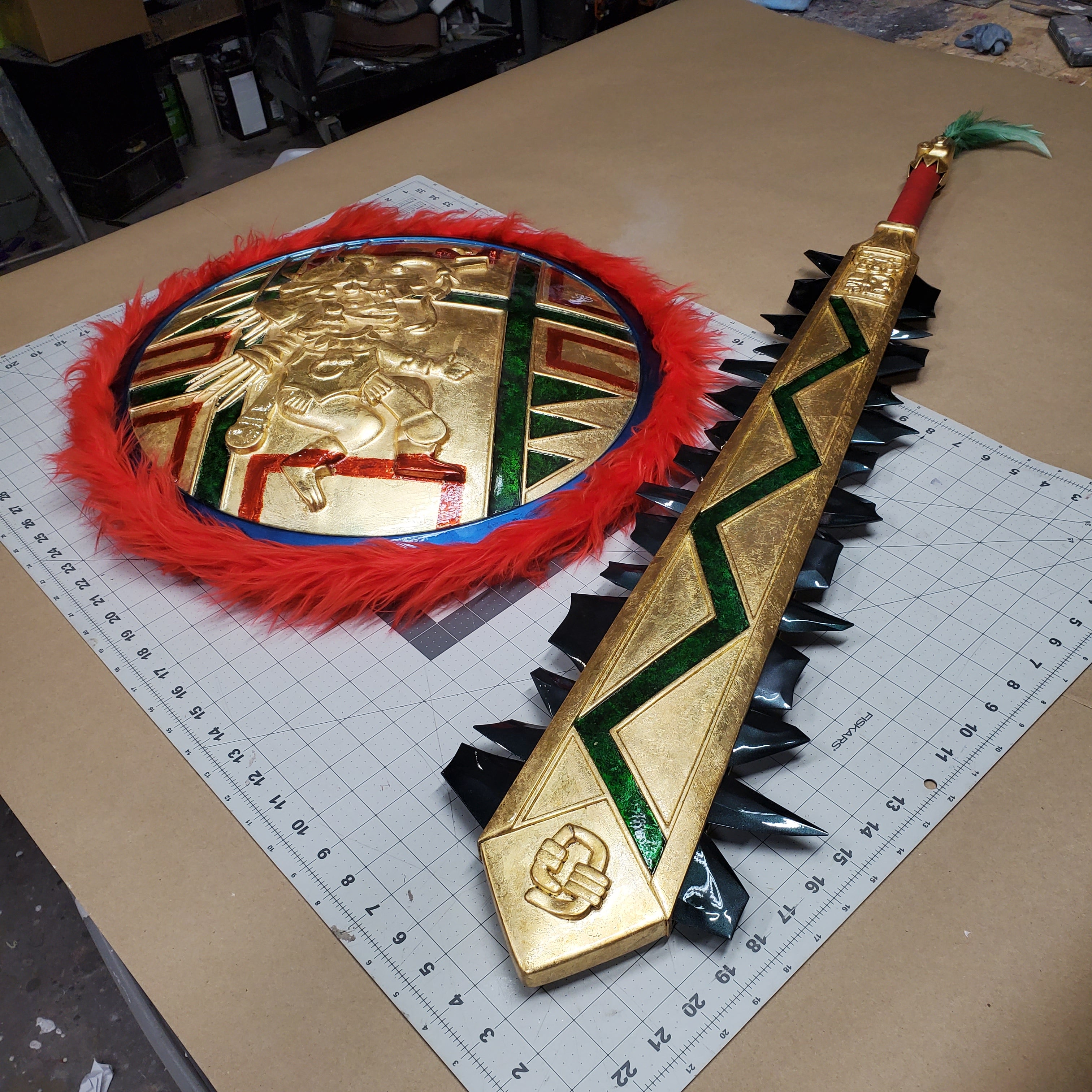 Handmade Aztec sword and shield with gold leaf finish