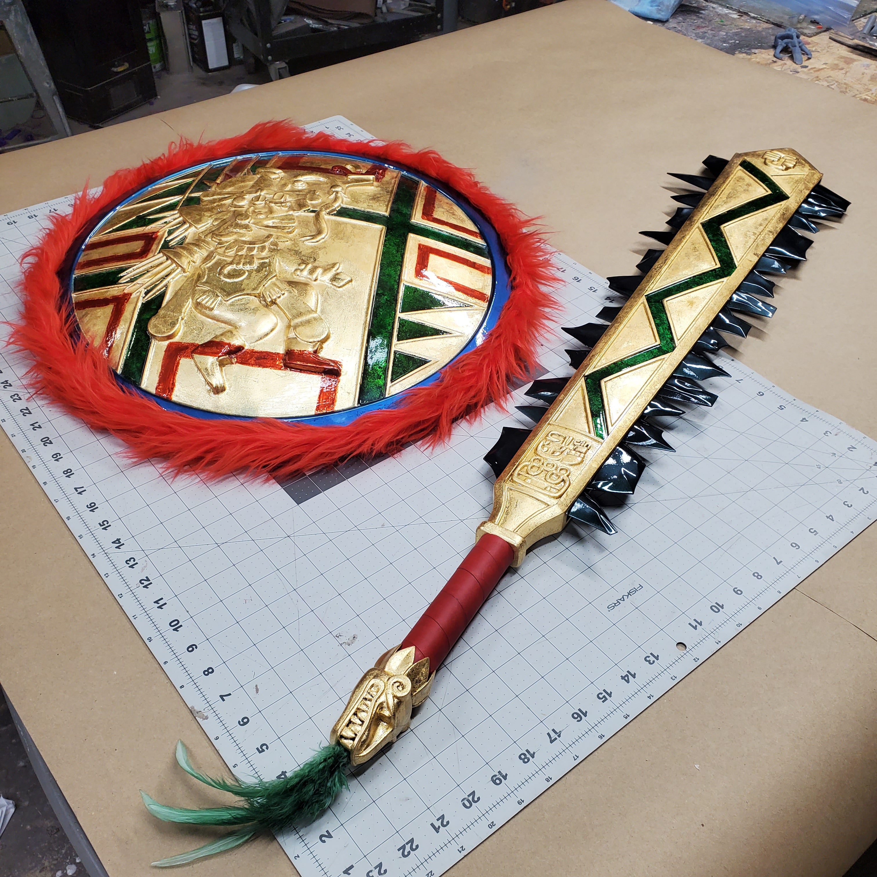 Handmade Aztec sword and shield with gold leaf finish
