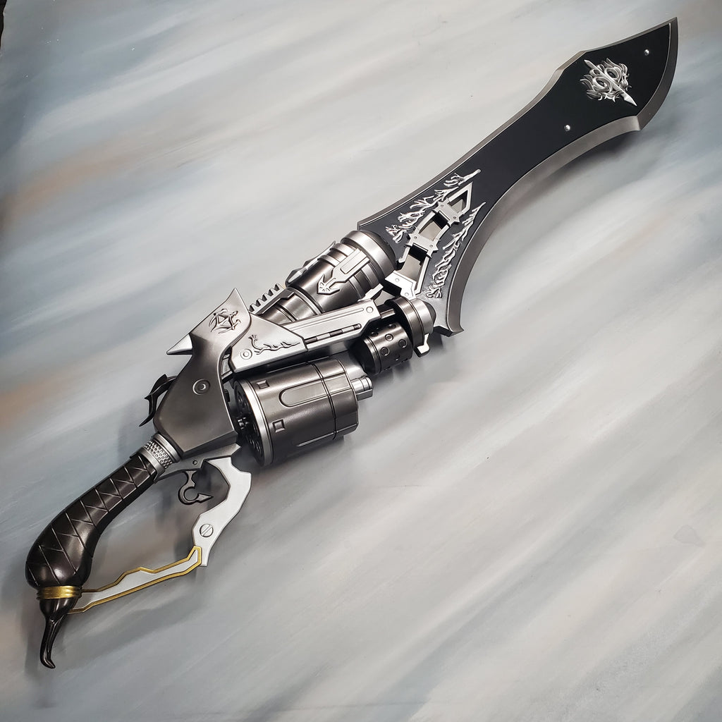 Decorative sword with intricate designs on a gray background