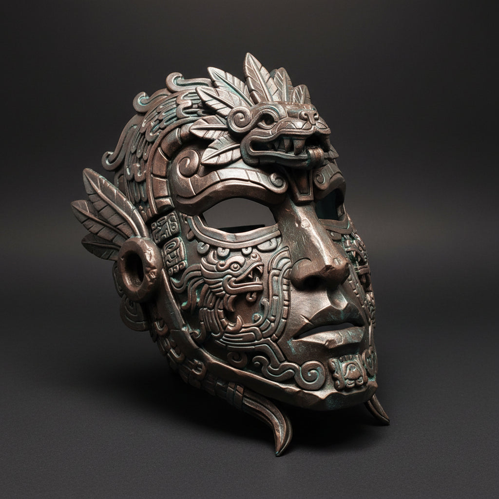 Decorative metal mask with intricate designs on a green foam block.