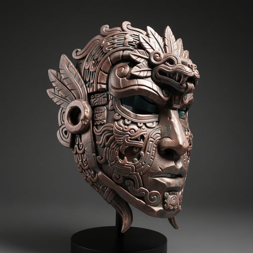 Decorative bronze mask with intricate designs on a textured background