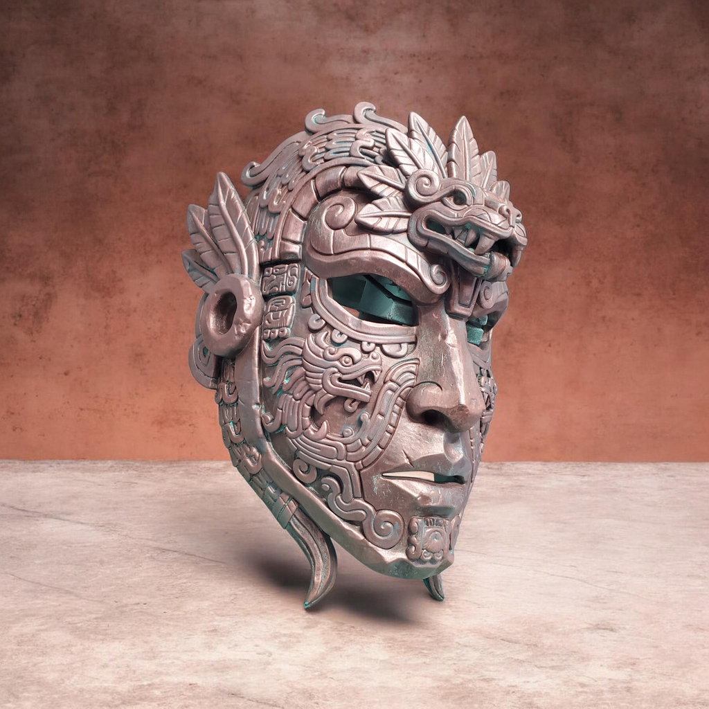 Decorative mask with intricate designs on a wooden surface and brown background