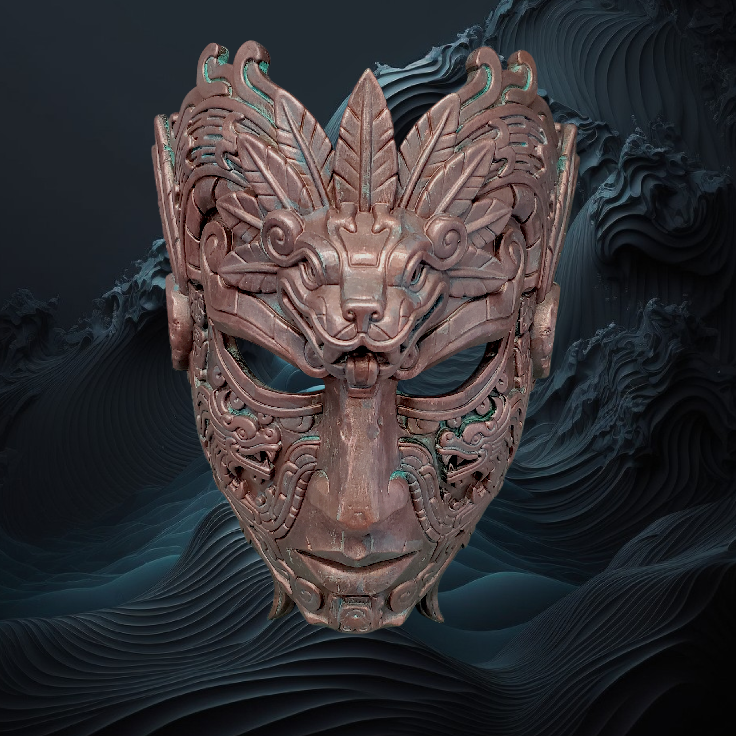 Decorative mask with intricate designs on a dark, wavy background