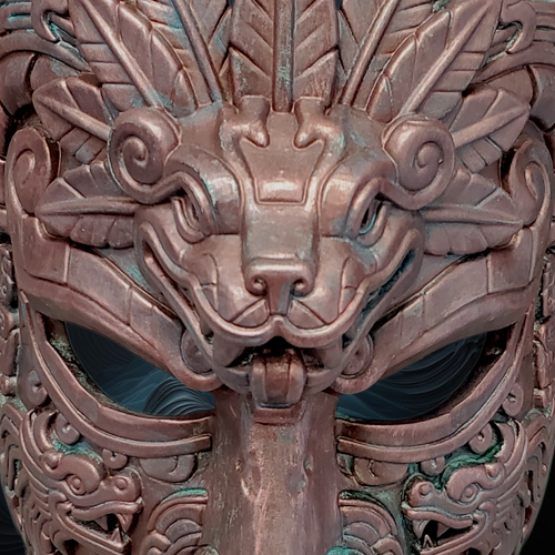 Decorative bronze mask with intricate designs and a face-like structure.