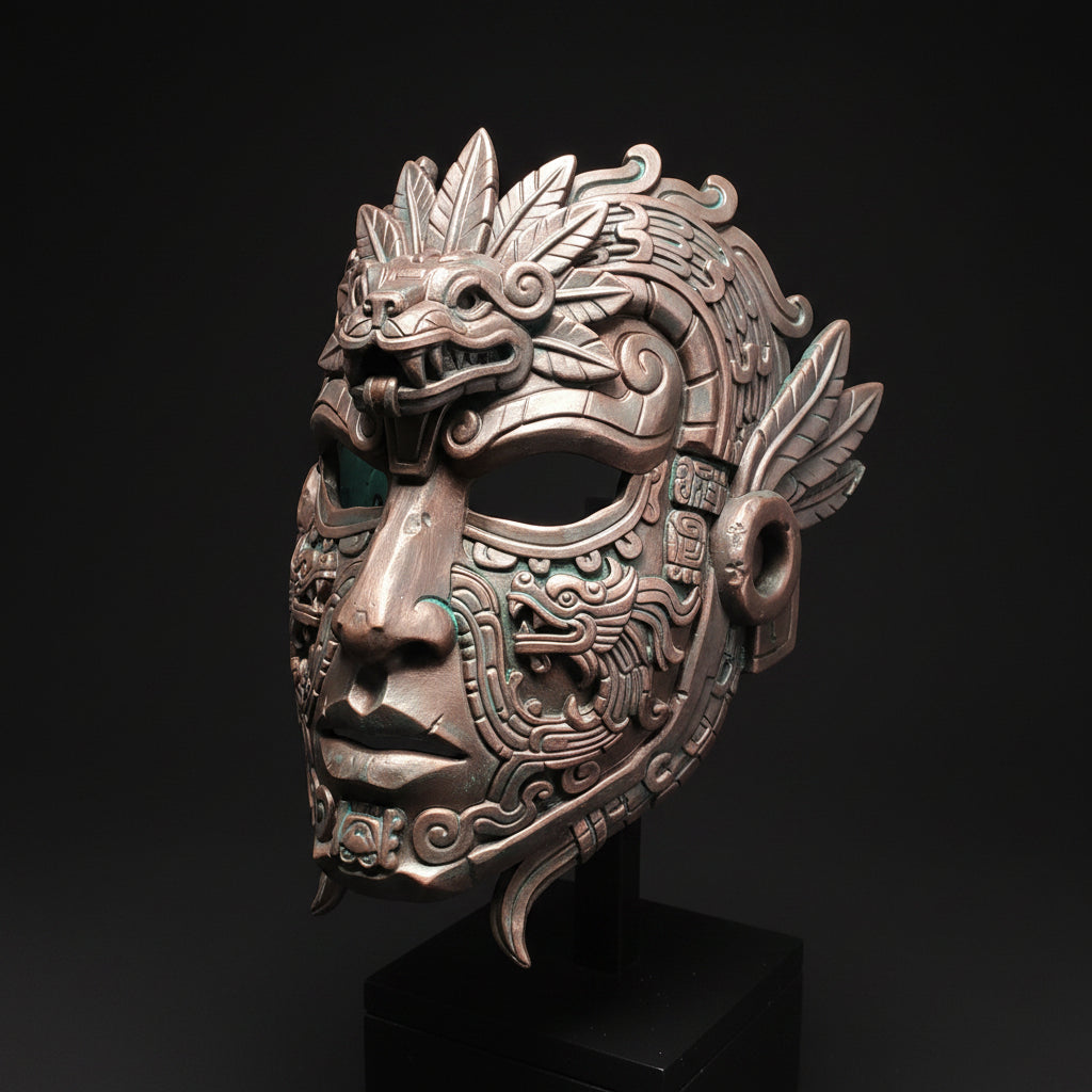 Decorative metal mask with intricate designs on a textured surface