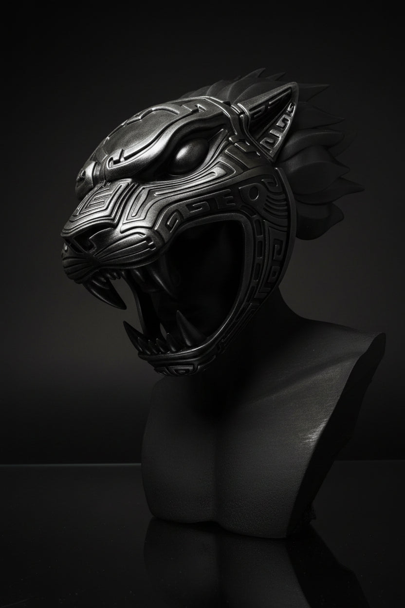 Ocelotl Obsidian – Aztec Jaguar Warrior Mask | Handcrafted Resin