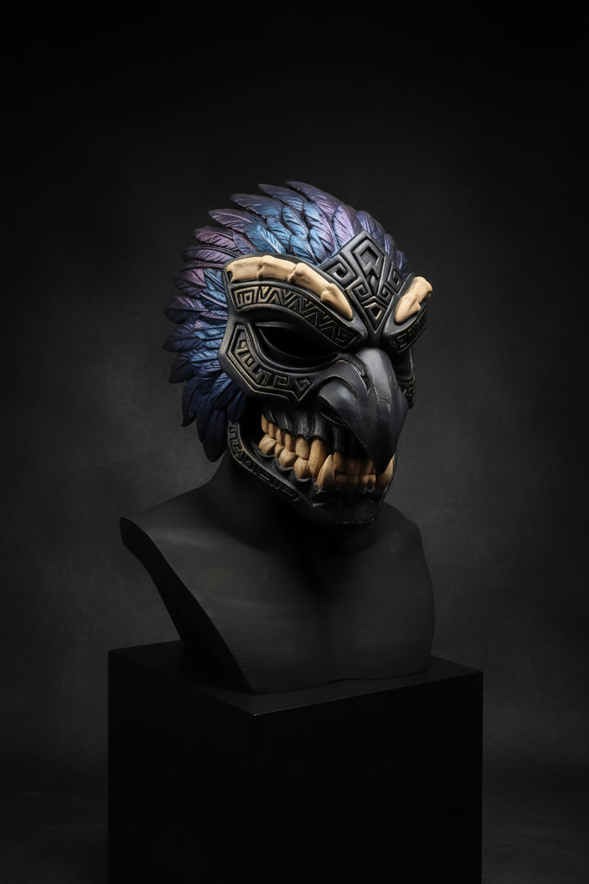 Decorative owl head mounted on a wall with a blurred background