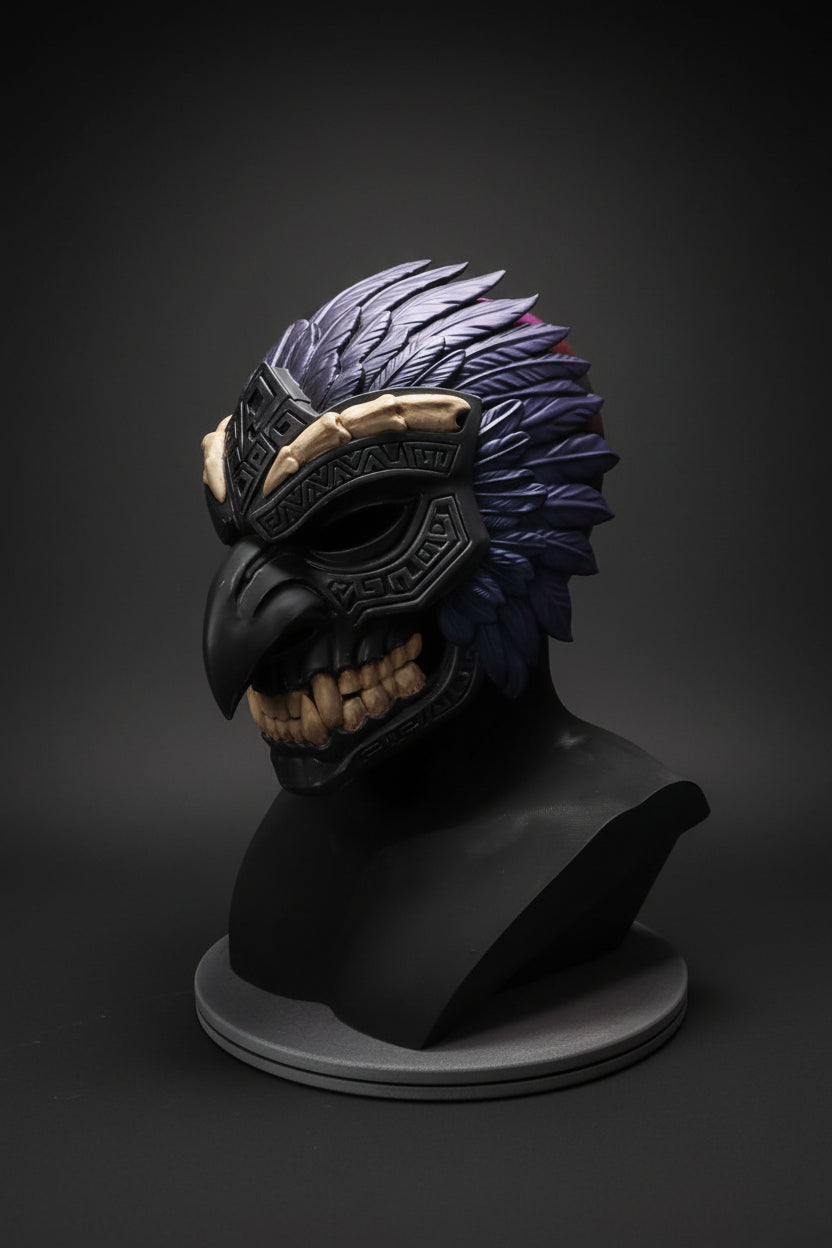 Decorative mask with purple and black feathers on a plain background