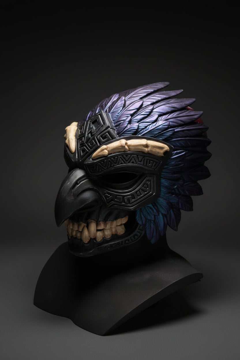 Decorative mask with purple feathers and black and beige face on a plain background