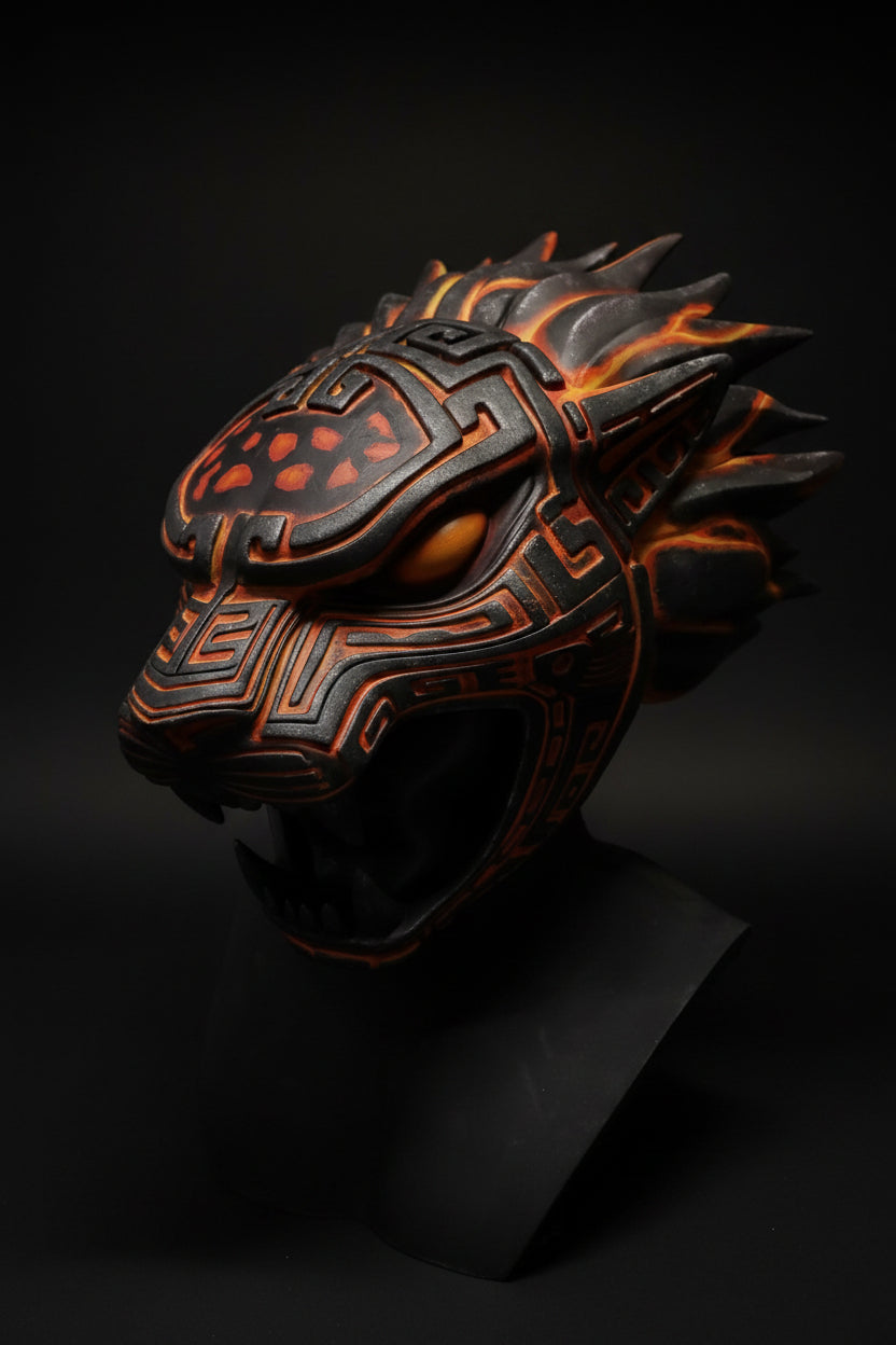 Decorative helmet with tribal patterns and glowing eyes on a gray background