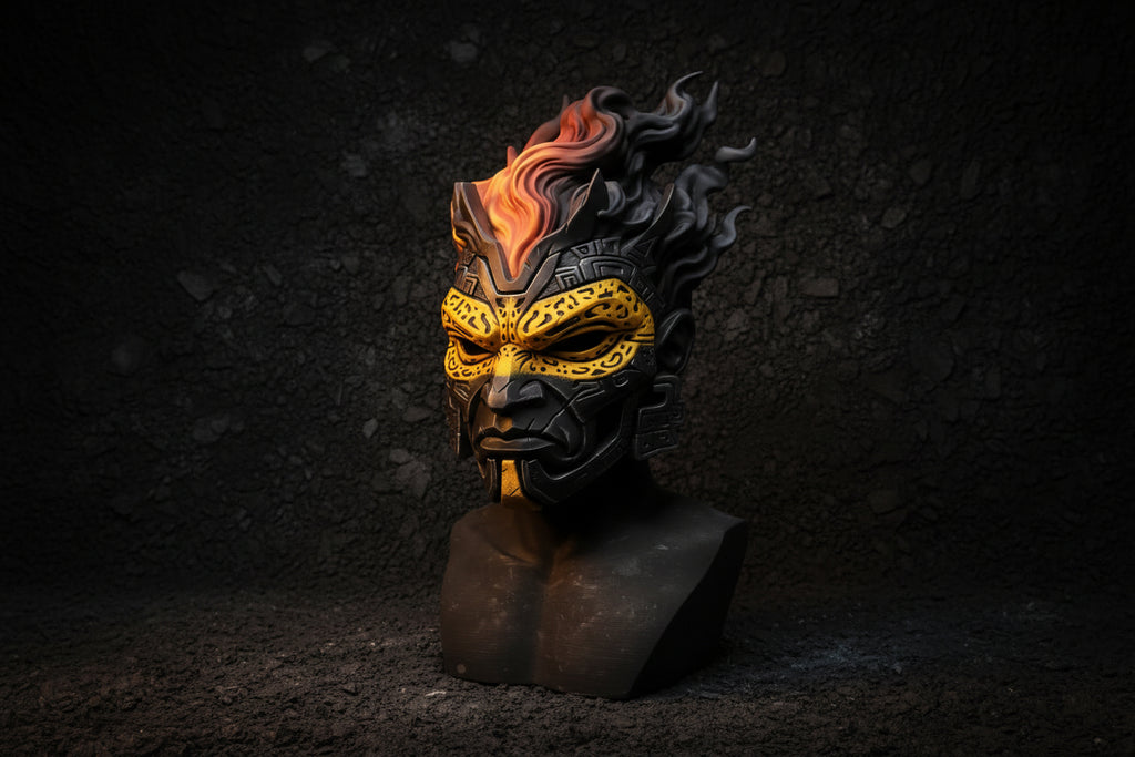 A sculpted fantasy mask displayed on a black bust stand, featuring a black face with ornate gold detailing around the eyes and a dramatic flame-like top in orange, red, and yellow, set against a gray backdrop.