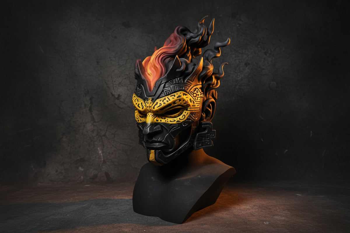 A black and yellow stylized fantasy mask with flame-like hair details, displayed on a black bust stand against a gray backdrop.