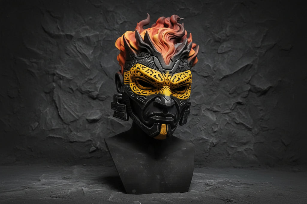 A detailed fantasy mask with a black and gold patterned face, orange and red flame-like hair, displayed on a black bust stand.