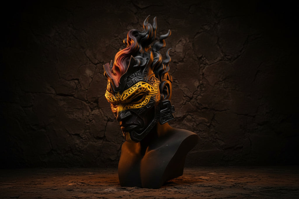 A detailed black and gold fantasy warrior mask with flame-like hair, displayed on a black bust against a gray backdrop.