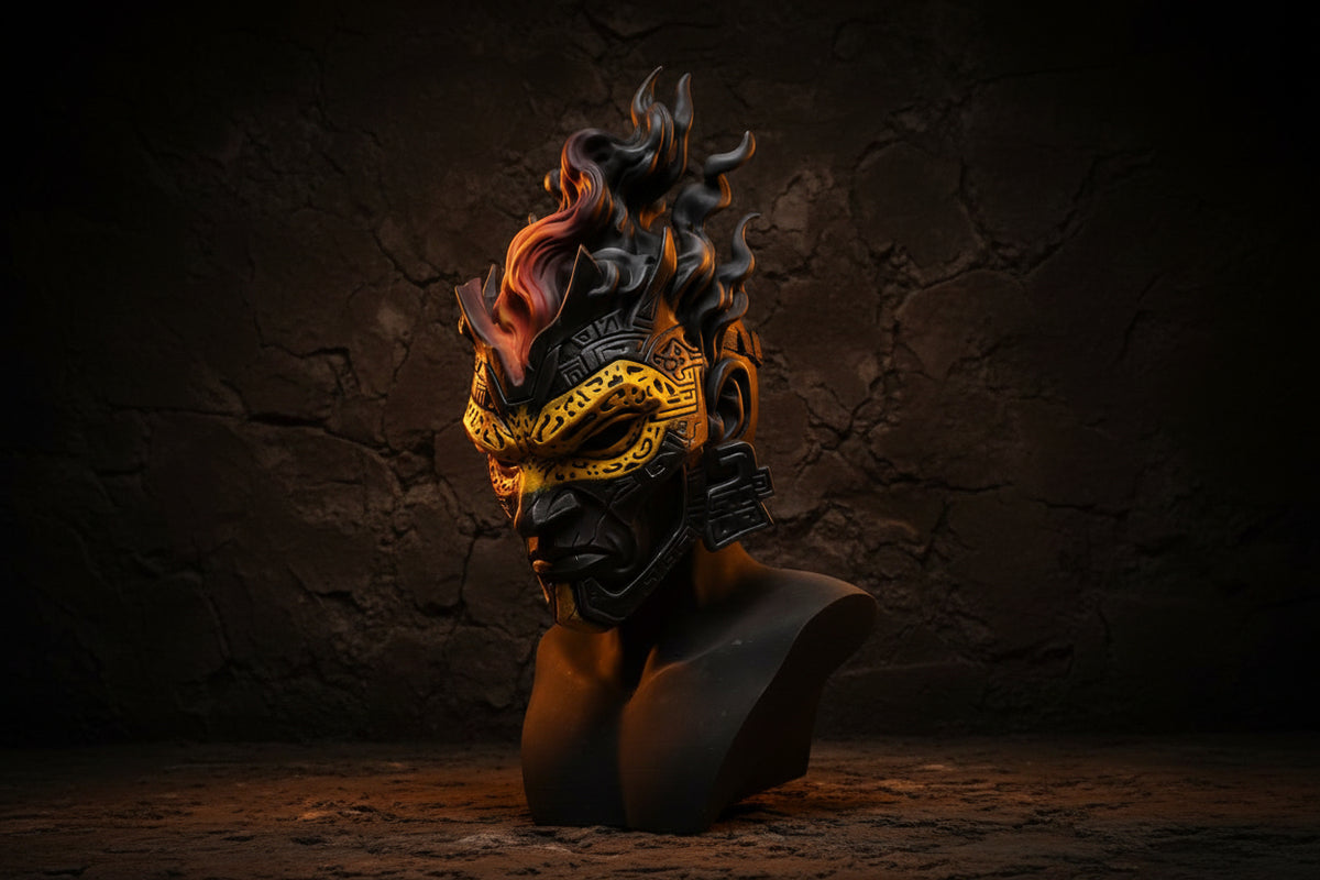 A detailed black and gold fantasy warrior mask with flame-like hair, displayed on a black bust against a gray backdrop.