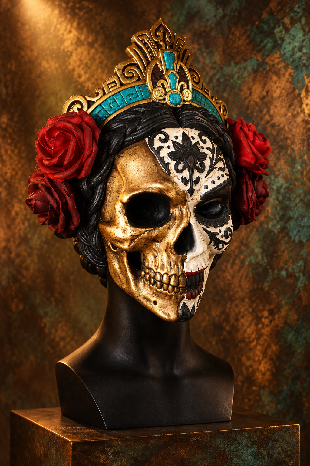 A decorative skull mask displayed on a black bust, featuring a gold left half, a white and black floral right half, a black wig, red roses, and a gold crown with turquoise accents.