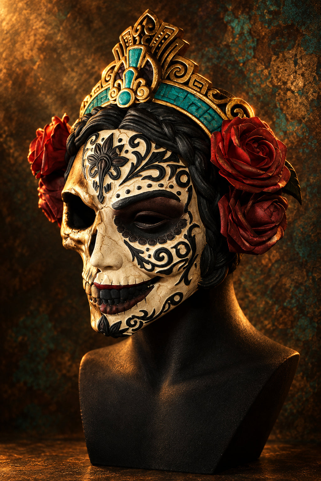 A Day of the Dead sugar skull mask with black floral patterns, a gold and turquoise crown, and red roses, displayed on a black bust.