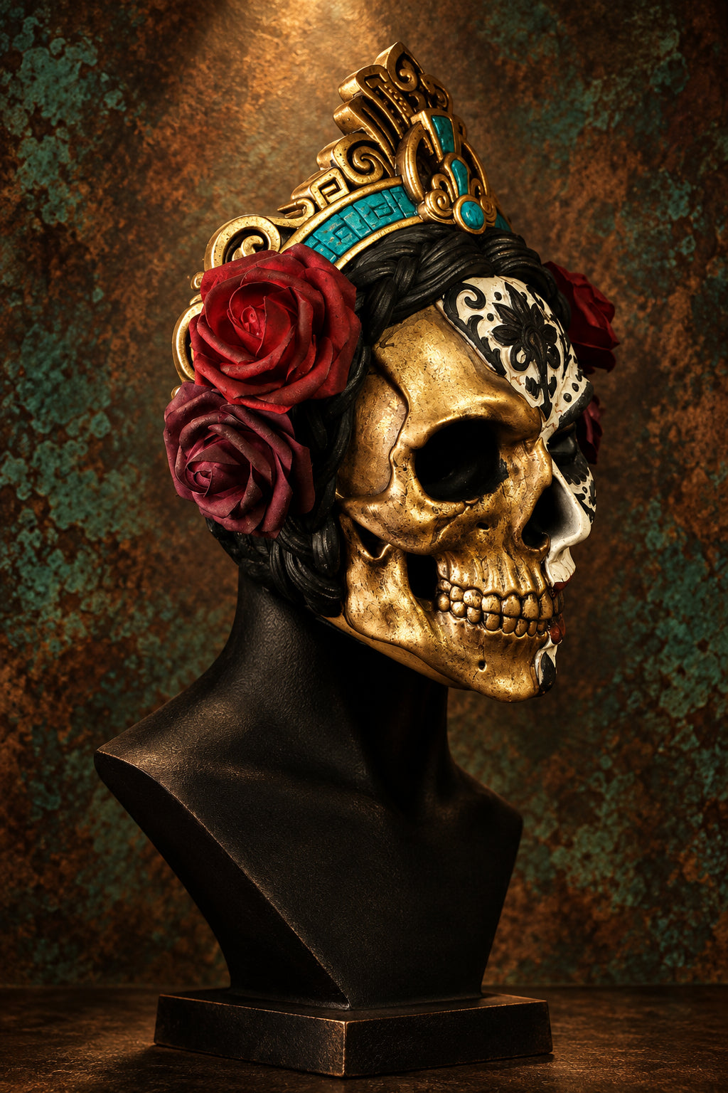 A decorative skull mask displayed on a black stand against a dark geometric background. The mask is primarily metallic gold with black and white floral patterns, adorned with red roses and a turquoise-and-gold crown.