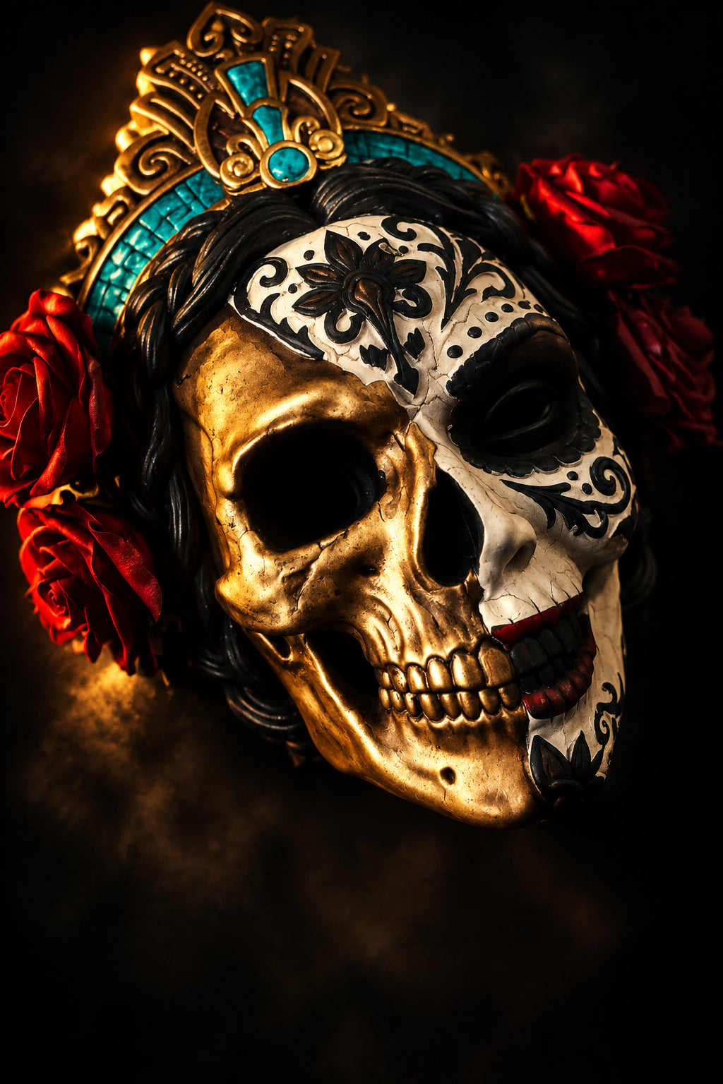 A Day of the Dead style skull mask with gold and white painted detailing, a turquoise and gold crown, and red roses, shown against a dark background.