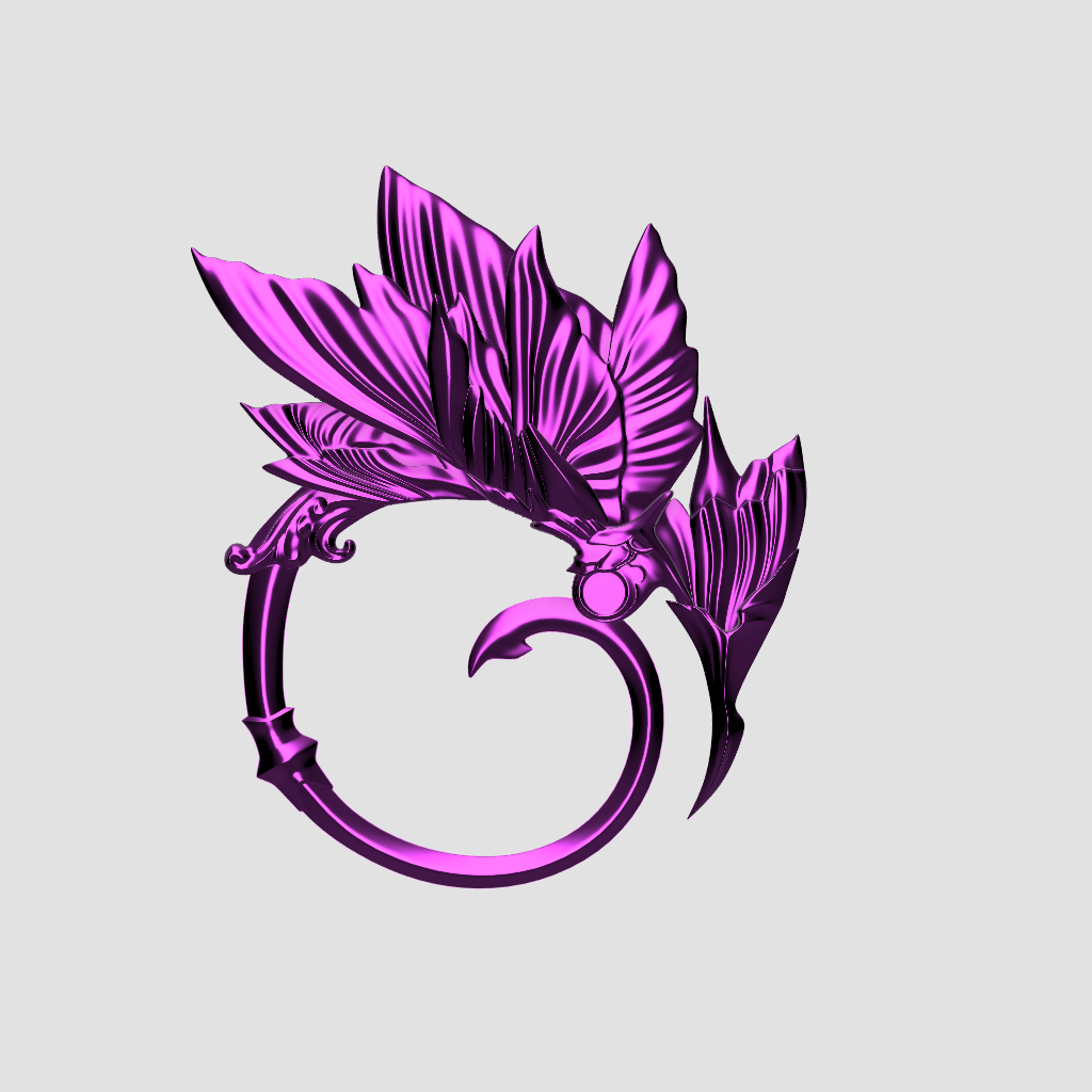 Purple decorative ring with leaf-like designs on a light gray background