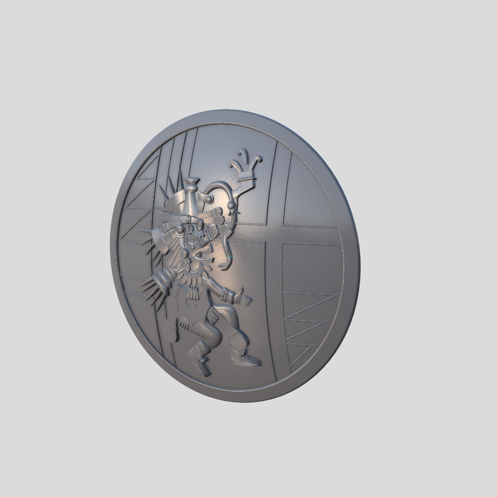 A circular gray decorative plaque or wall art piece featuring a raised embossed figure in front of a stylized background, shown on a plain light gray backdrop.