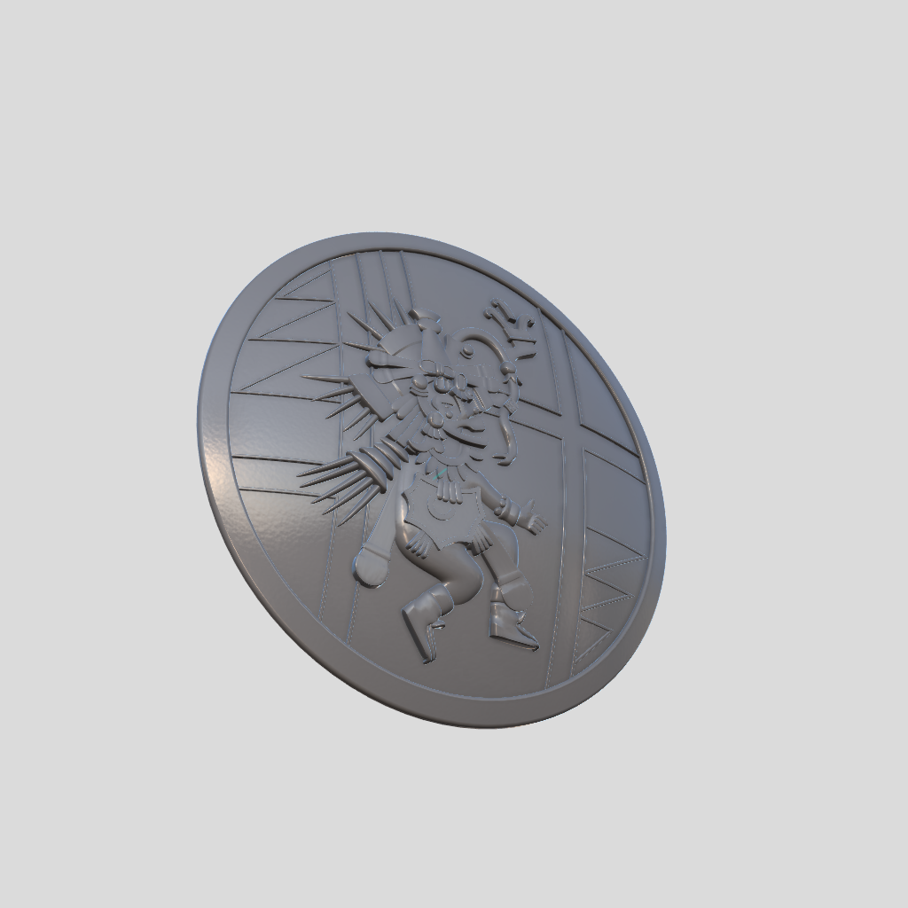 A round gray decorative plaque or medallion featuring an embossed stylized figure with radiating lines, shown on a plain light gray background.