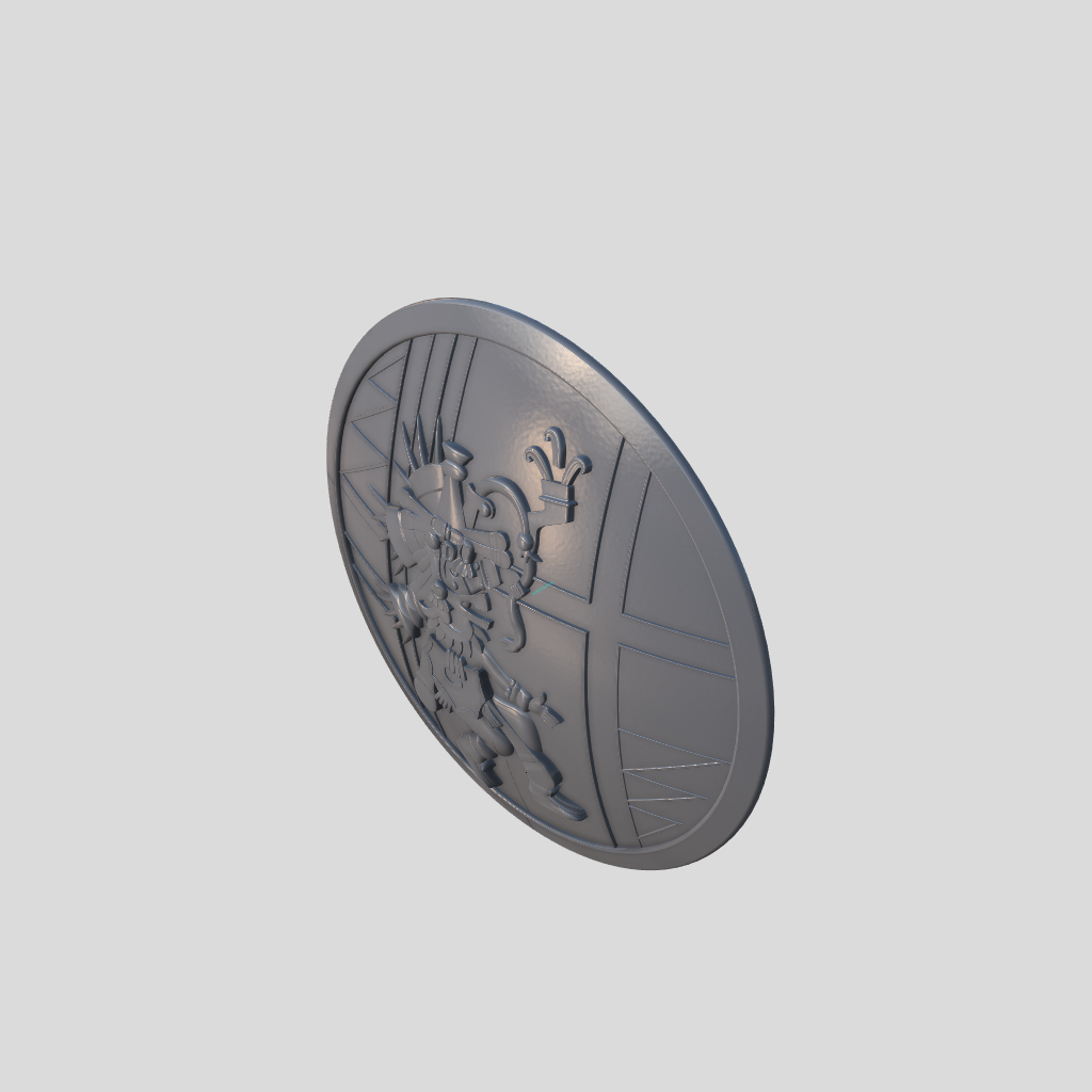 A round gray decorative plaque or medallion featuring an embossed heraldic lion rampant design, shown at an angle on a solid light gray background.