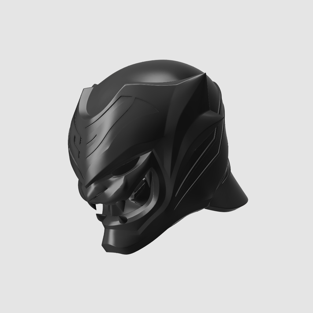 Black helmet with a futuristic design on a light gray background