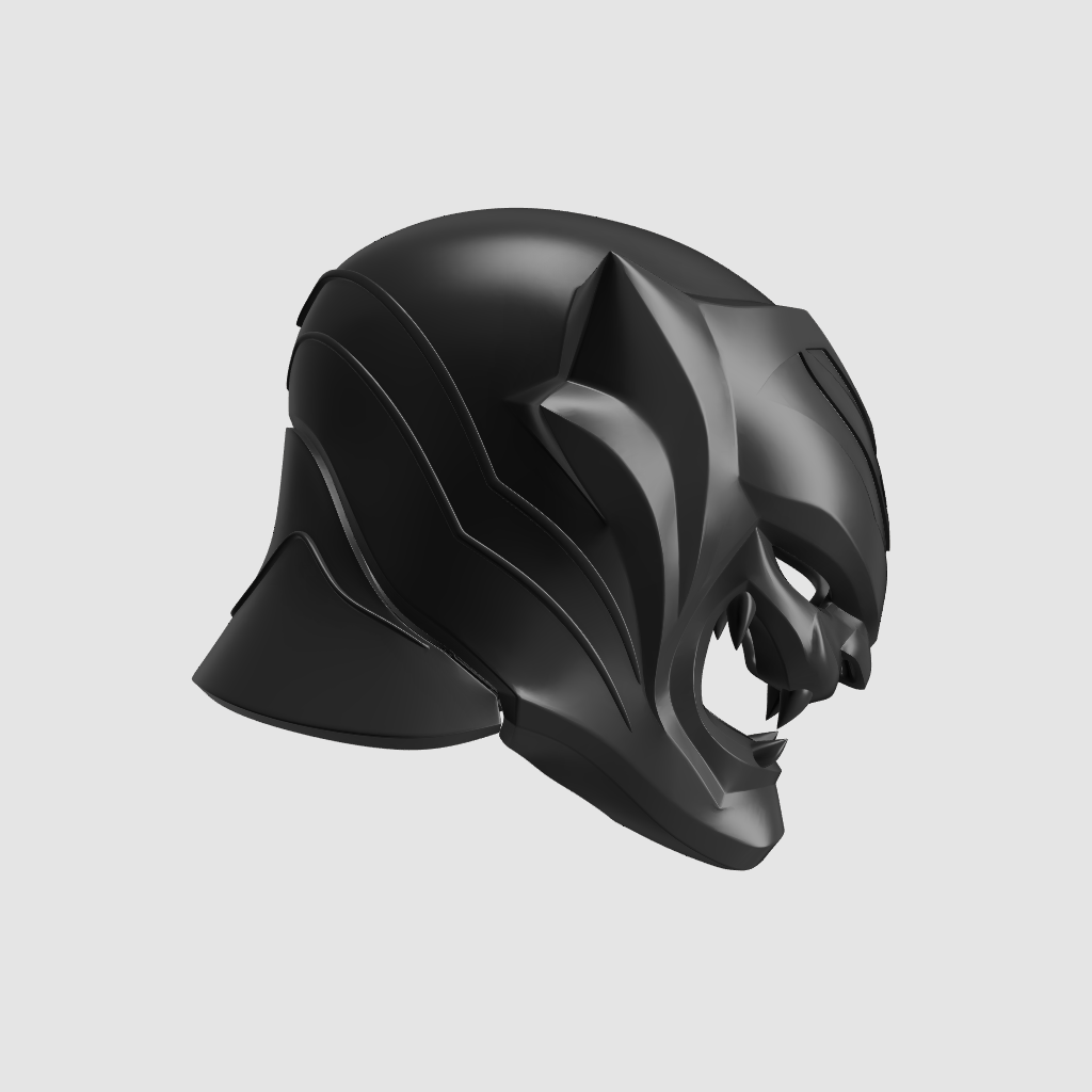 Black helmet with a unique design on a light gray background
