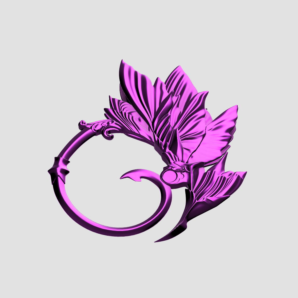 Purple decorative item with floral design on a light gray background