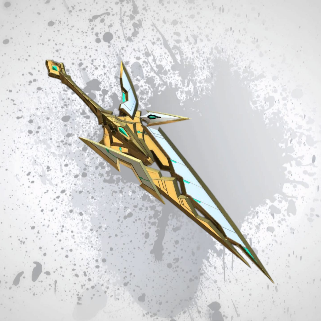 Decorative sword with gold and blue design on a textured gray background