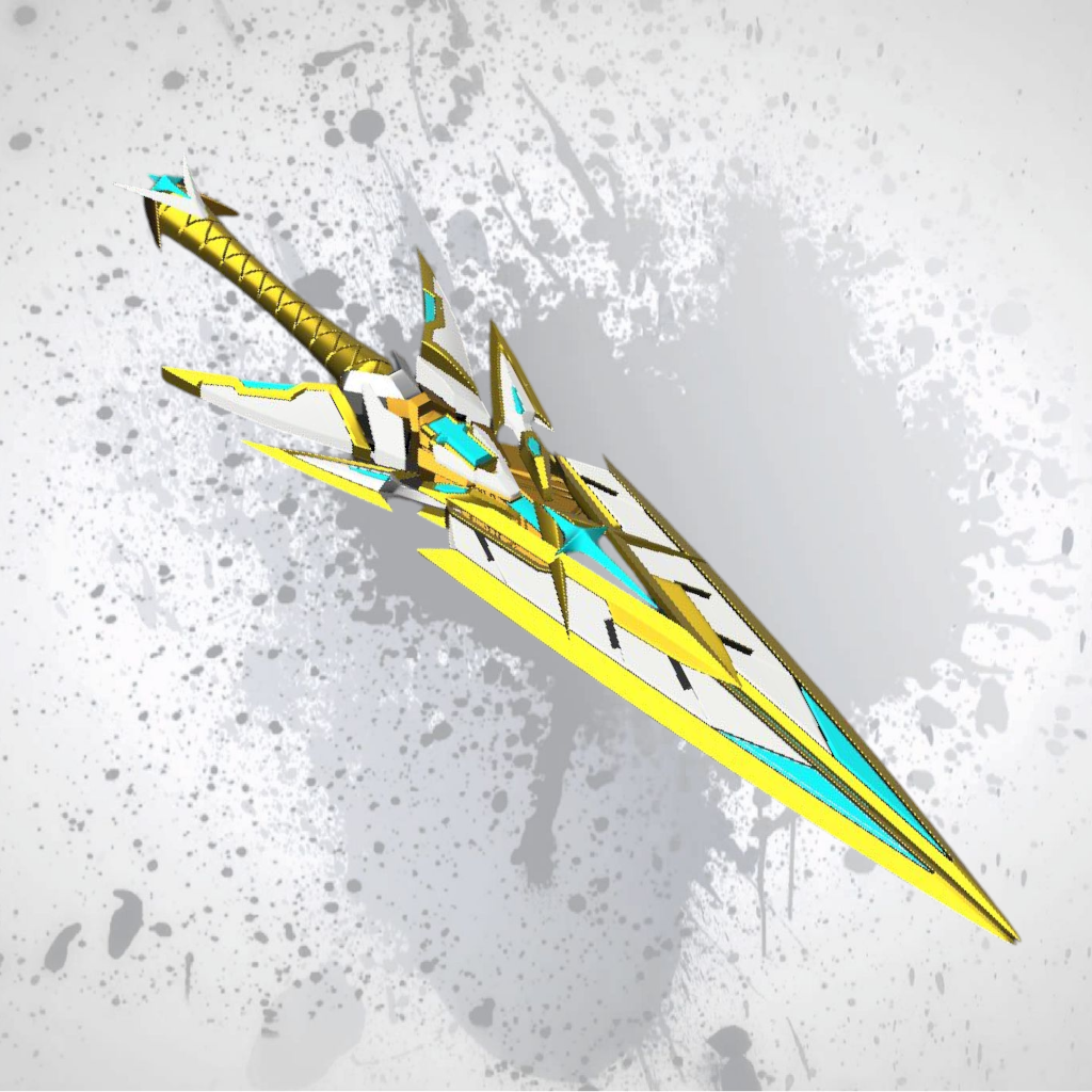 Futuristic sword with yellow and blue design on a gray textured background