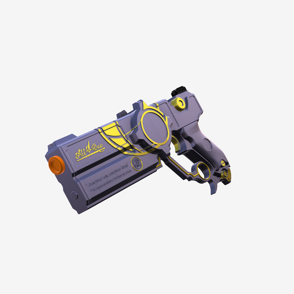 Toy gun with purple and yellow design on a white background