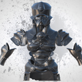 Black armored figure on a gray background