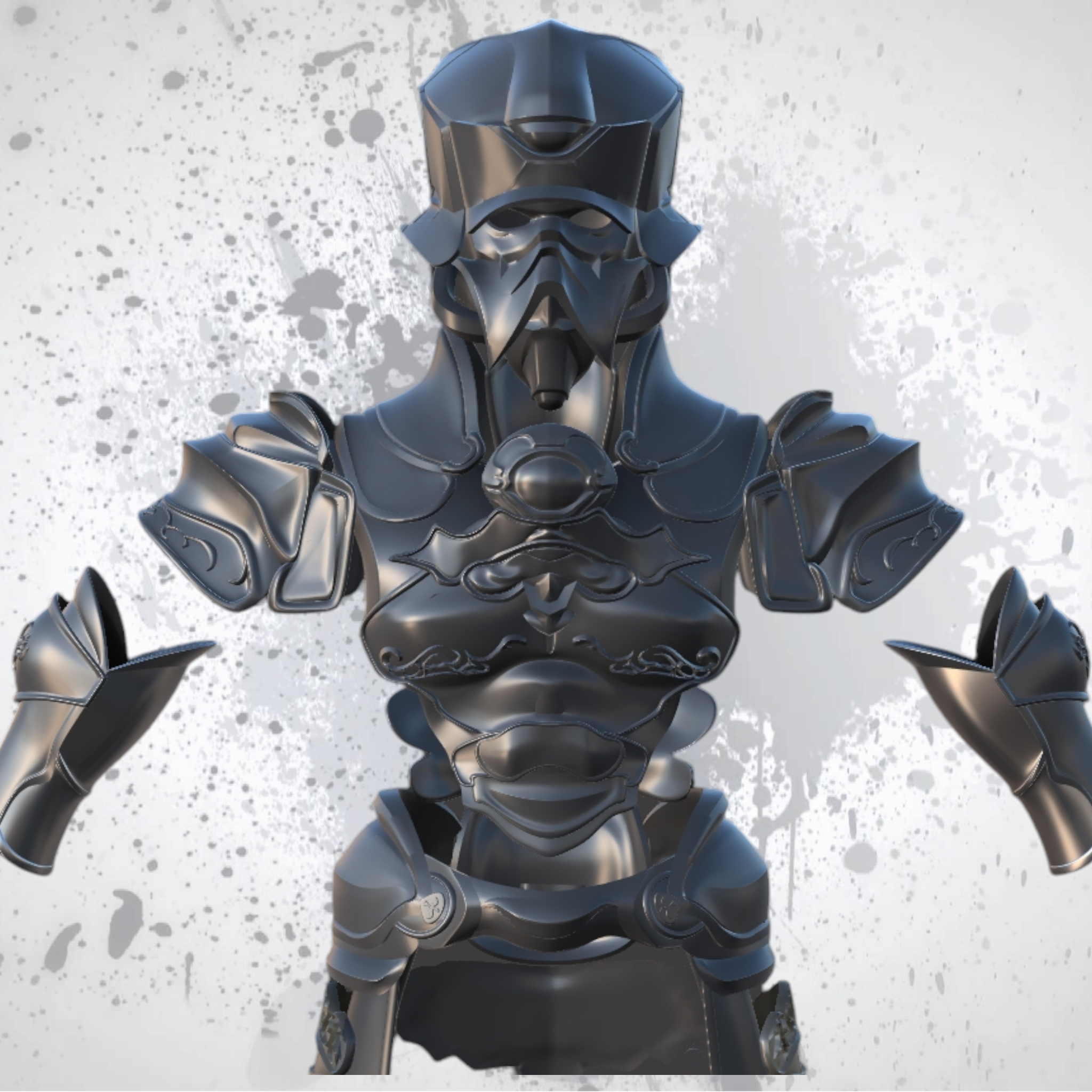 Black armored figure on a gray background