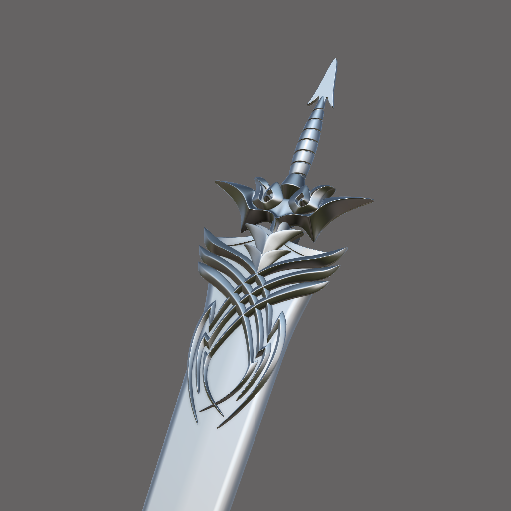 Decorative silver spearhead with intricate designs on a gray background