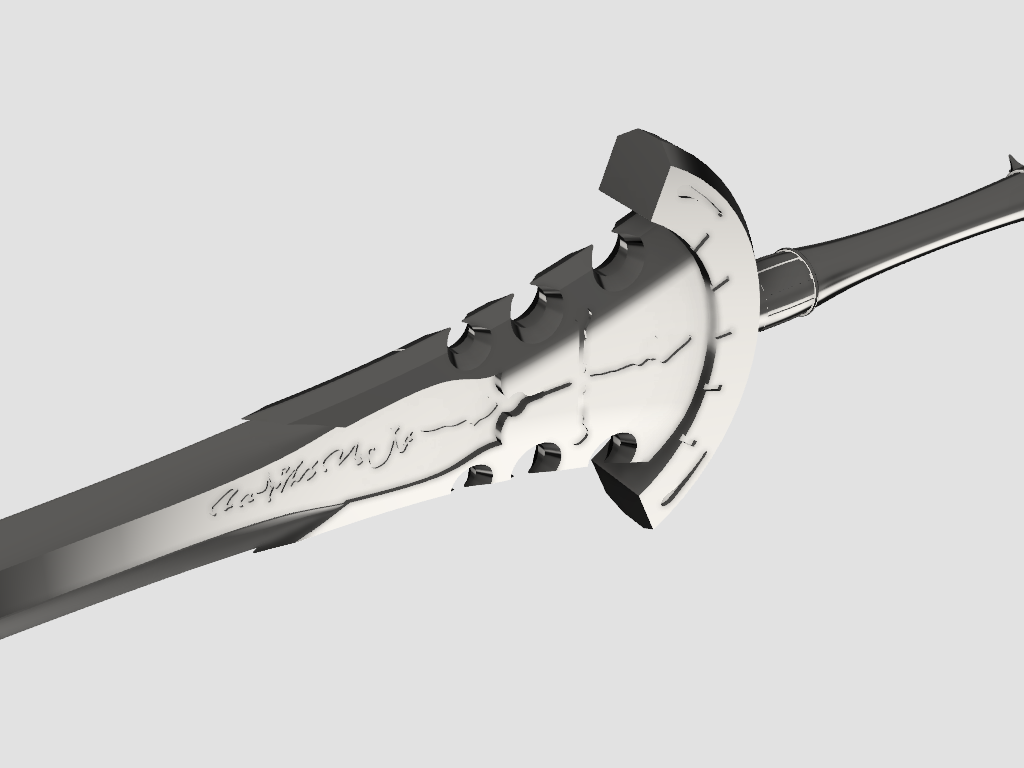 A close-up of a metallic fantasy sword hilt and part of the blade, shown on a plain light gray background. The blade has stylized engraved script and a curved guard.