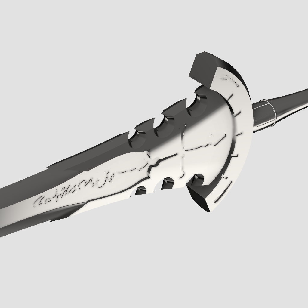 A close-up of a metallic sword hilt and part of the blade, shown on a plain light gray background. The blade has an engraved script logo.