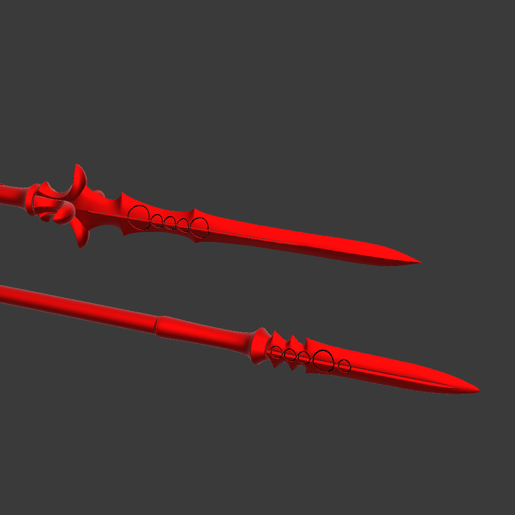 A pair of bright red fantasy sword and spear-like weapons shown on a plain dark gray background, with decorative circular details and textured grips.