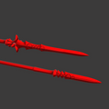 A pair of bright red fantasy sword and spear-like weapons shown on a plain dark gray background, with decorative circular details and textured grips.