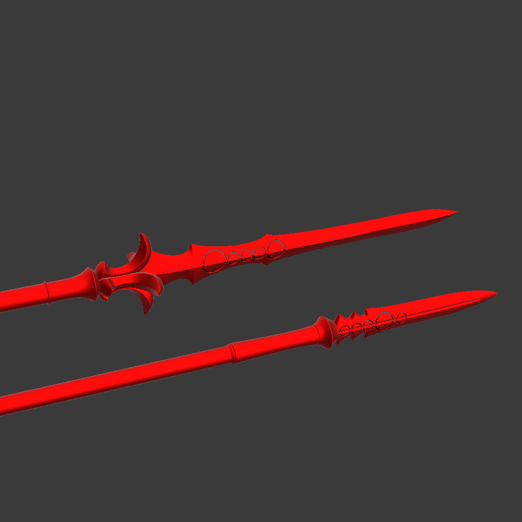 A pair of red fantasy polearms or spears with ornate curved guard details and pointed blades, shown on a dark gray background.