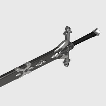 A fantasy-style sword with a black blade, ornate silver guard, and silver pommel, shown diagonally on a light gray background.