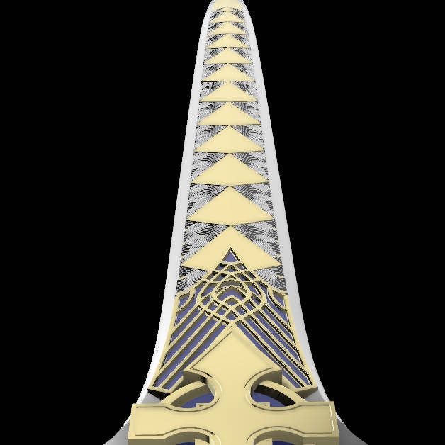 A close-up of a decorative sword hilt or blade section shown vertically against a solid black background. The design features a gold and silver geometric pattern with blue accents.