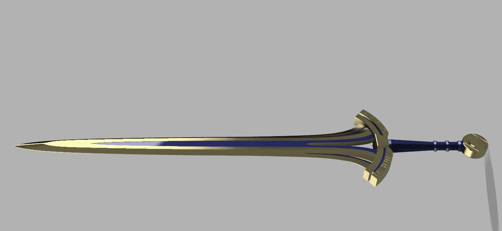 A fantasy-style sword with a gold-colored blade and pommel, a dark blue grip, and a curved gold crossguard, shown against a solid gray background.