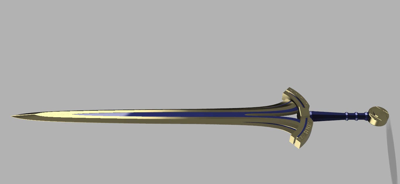 A fantasy-style sword with a gold-colored blade and pommel, a dark blue grip, and a curved gold crossguard, shown against a solid gray background.
