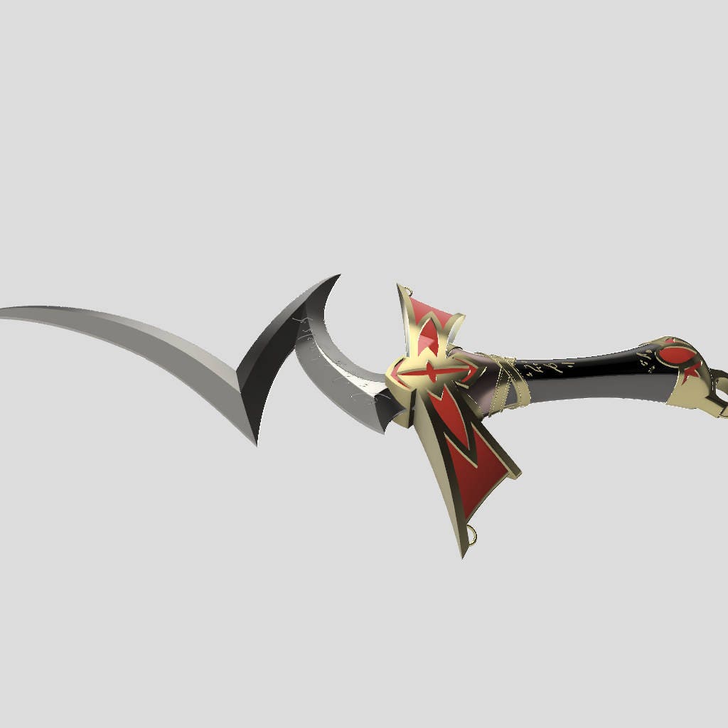 A 3D-rendered fantasy curved blade or scythe-like weapon with a silver-gray blade, black and gold hilt, and red decorative accents on a plain light gray background.